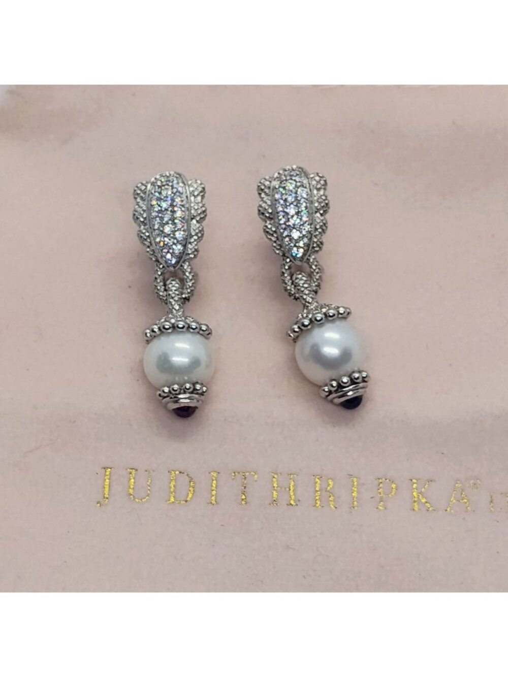 Judith Ripka Sterling Silver CZ Rhinestone Pearl Garnet Dangle Earrings - Picture 5 of 8